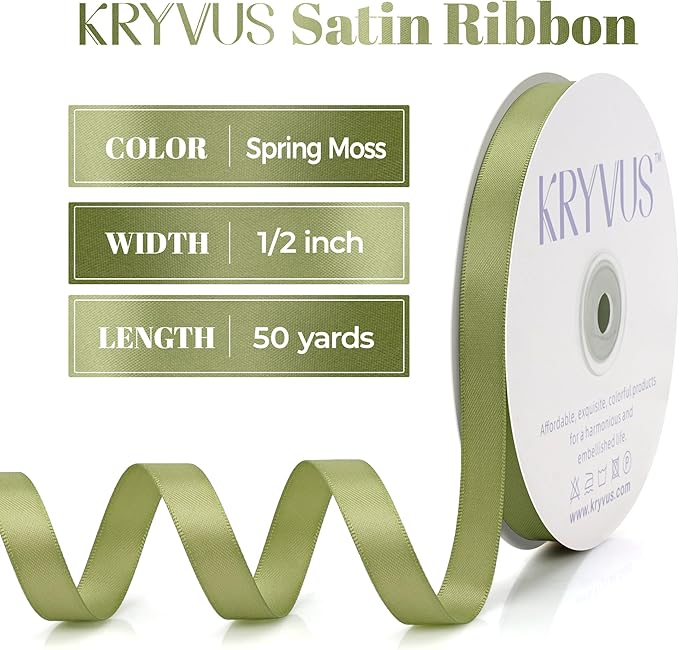 Moss Green Satin Ribbon, Double Faced 1/2 Inch X 50 Yards Moss Green Ribbon, Premium Satin Ribbon for Gift Wrapping, Crafts, Hair Bow Making, Sewing, Flower Bouquet, Wedding Party Decor