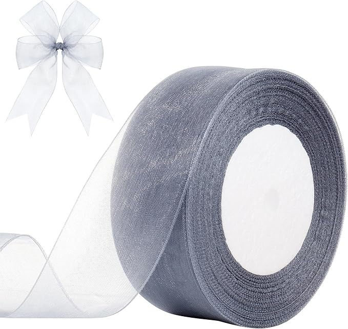 1-1/2 Inch x 50 Yards Sheer Organza Ribbon Chiffon Ribbon for Gift Wedding Flower Bouquet Wrapping Decorations Crafts (Gray)
