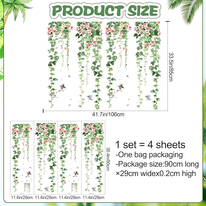 4 Sheets Green Plants Flower Wall Decals Hanging Vine Green Leaves Wall Stickers Watercolor Pink Flowers Wall Art Nature Removable Peel and Stick Wallpaper for Kids Bedroom Nursery Home Decoration 21