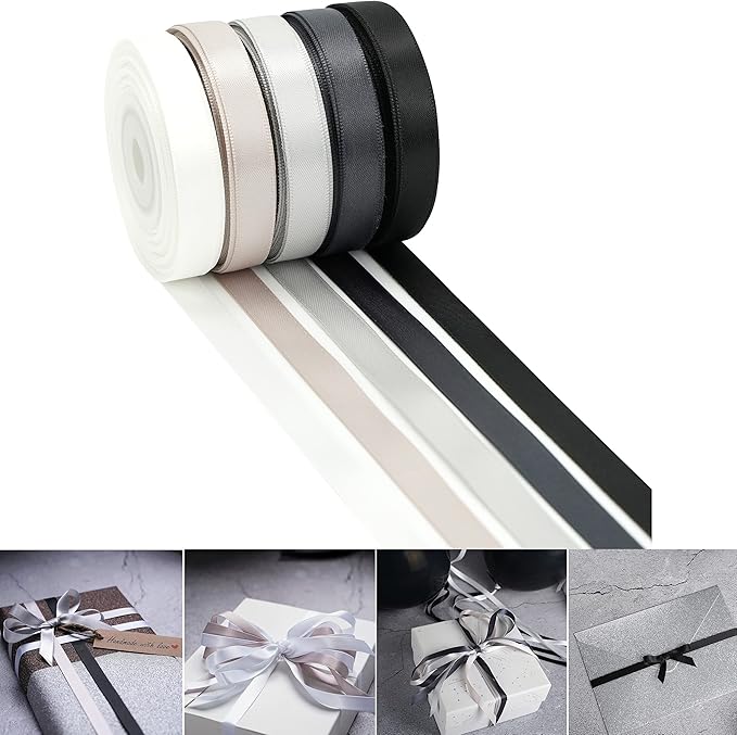 HUIHUANG Black White Silver Ribbon 3/8" Satin Ribbon Assorted 5 Colors Double Face Solid Color Ribbon for Holiday Day Gift Wrapping DIY Bow DIY Crafts, 10 Yard Each Total, 50 Yds Per Package