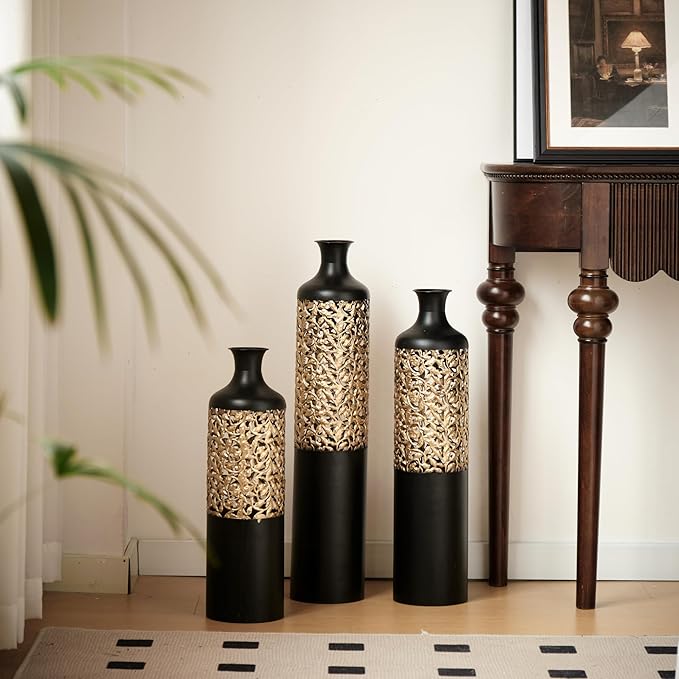 Floor Vases, Tall Home Decor Metal Vase Set of 3 Large Glazed Decorative Vases for Wedding Decor, Elegant Modern Flower Holder for Living Room, Entryway, Hallway, Dining Room