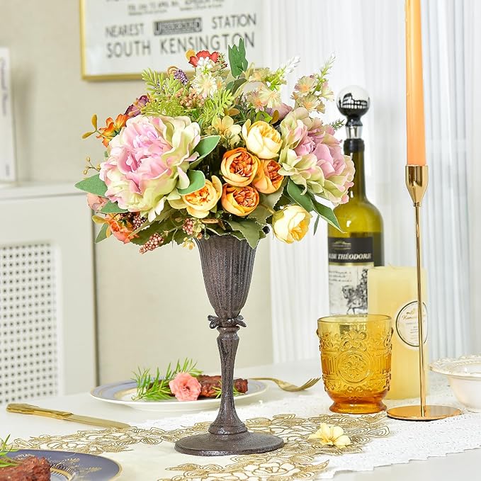 Sungmor Cast Iron Tabletop Flower Vase, Vintage Pretty Tulip Design, 8.6" Tall Decorative Centerpieces Flower Stand, Artificial Flower Arrangements Home Decor for Ceremony Birthday Holiday Event Party