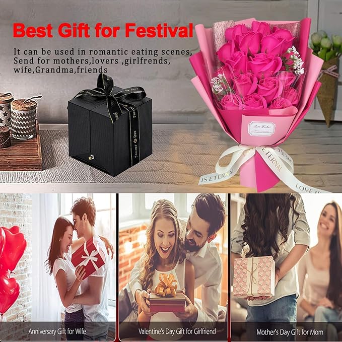 EIGHTOWN Roses Bouquet Artificial Flower - Preserved Red Rose Flowers with Love Necklace for Her - Unique Gifts Valentine's Day, Mother's Day, Thanksgiving, Birthday, Anniversary (512)