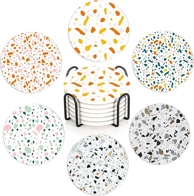 Drink Coasters with Holder,6 Pcs Terracotta Polka Dots Design, Water-Absorbent Beverage Pads for Dining Table Decor & Glass Protection
