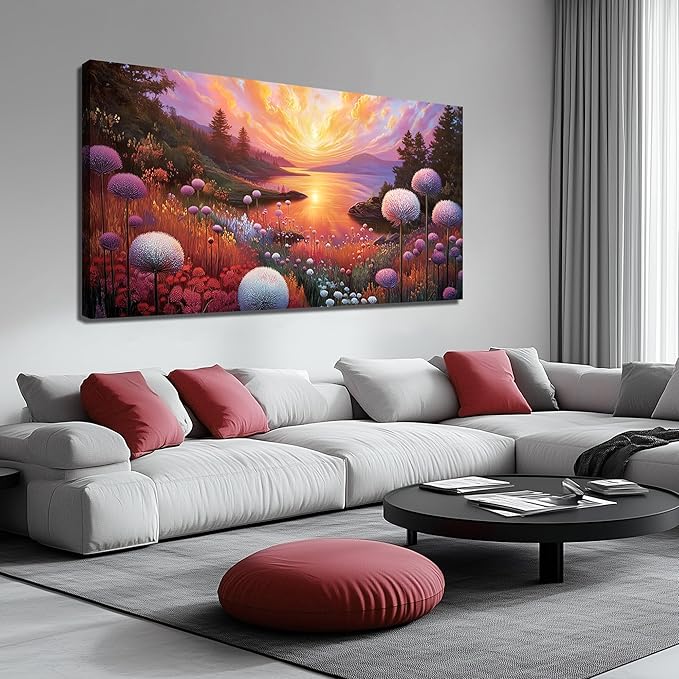 Sunset Panoramic Canvas Wall Art, Purple Floral Meadow & Green Tree Landscape with Gold Accents Picture for Living Room Bedroom Wall Decor, Print Painting Artwork Decoration, Large Size 58x29 Inches