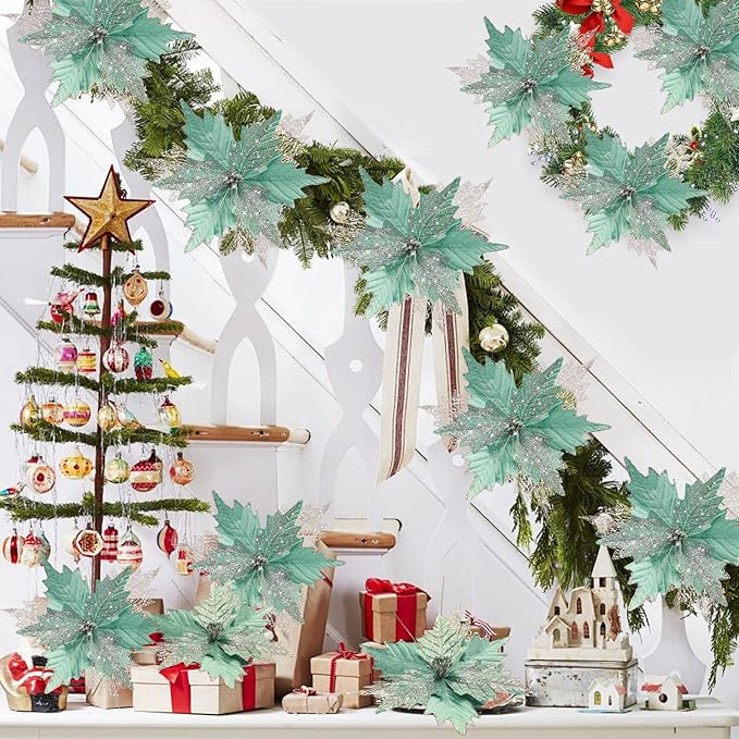 10'' Large Christmas Glitter Poinsettia Flowers Decorations, stadeco 10 Pcs Christmas Tree Picks Ornaments Artificial Flowers with Long Stems for Xmas Tree Wreath Garland Wedding Party DIY Decor