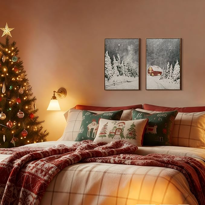 ArtbyHannah Framed Christmas Canvas Wall Art Decor Set of 2, Large Xmas Pictures Prints Paintings for Living Room Bedroom, Winter Holiday Home Indoor Decorations with Red House and Tree (16x24 Inch)