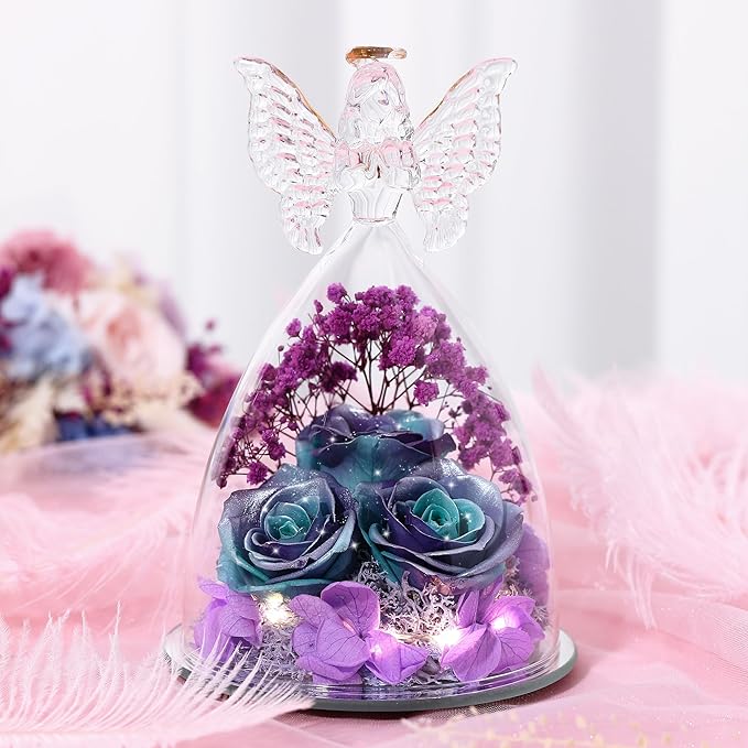 Christmas Rose Gifts for Women Preserved Real Flower in Glass Angel Figurines Roses for Delivery Prime Birthday Gifts for Mom Grandma Girlfriend Wife Her, GlitterBluePurple