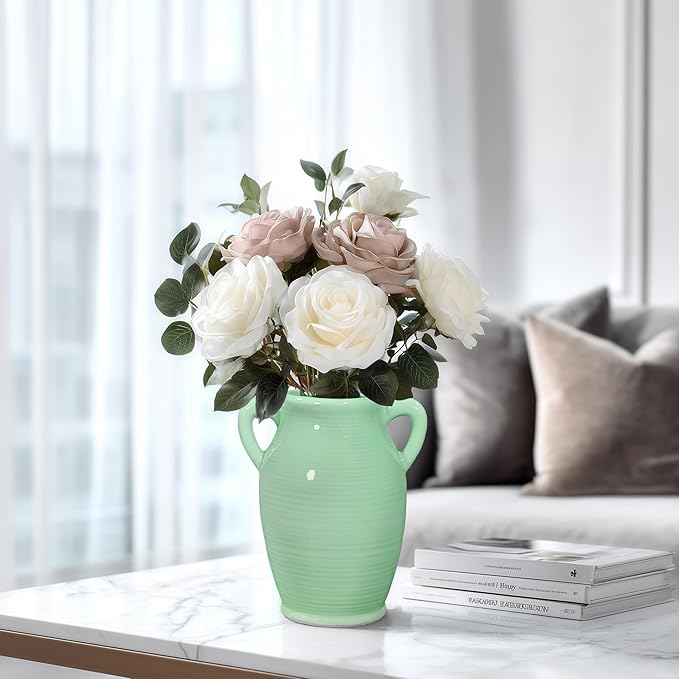 Sunddo Green Ceramic Flower Vase for Home Decor - 8 Inch Modern Decorative Vase with 2 Handles, Centerpieces, Kitchen, Dining Table, Bathroom, Shelf and Living Room