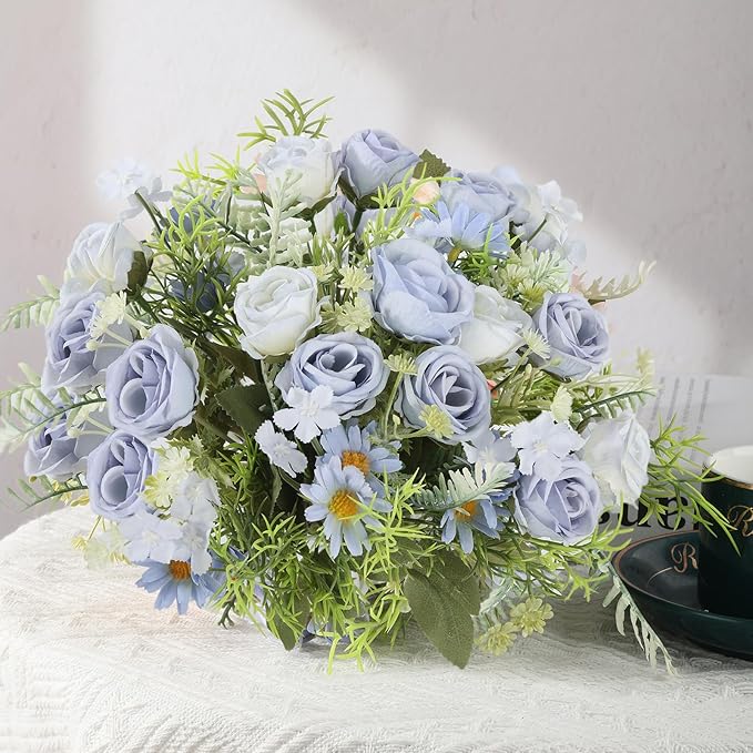 3 Pack Artificial Flowers Bouquet Fake Flowers Plants Blue Faux Flower Arrangements for Wedding Home Centerpieces Decor