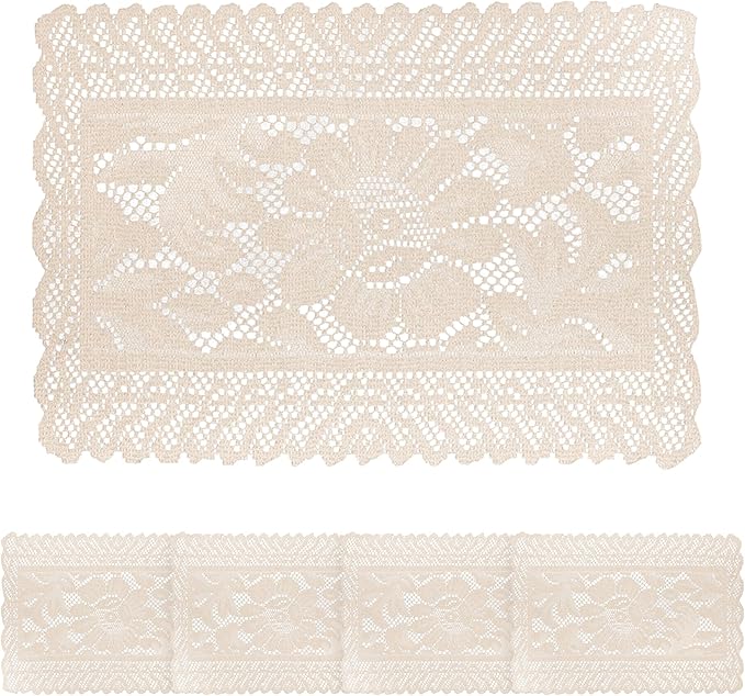 Jayla 4 Pcs Rectangle Lace Placemats for Tables Embroidered Lace Tablemats Vintage Crochet Floral Table Runner Vintage Wedding, Tea Party Decor,12x17 Inch