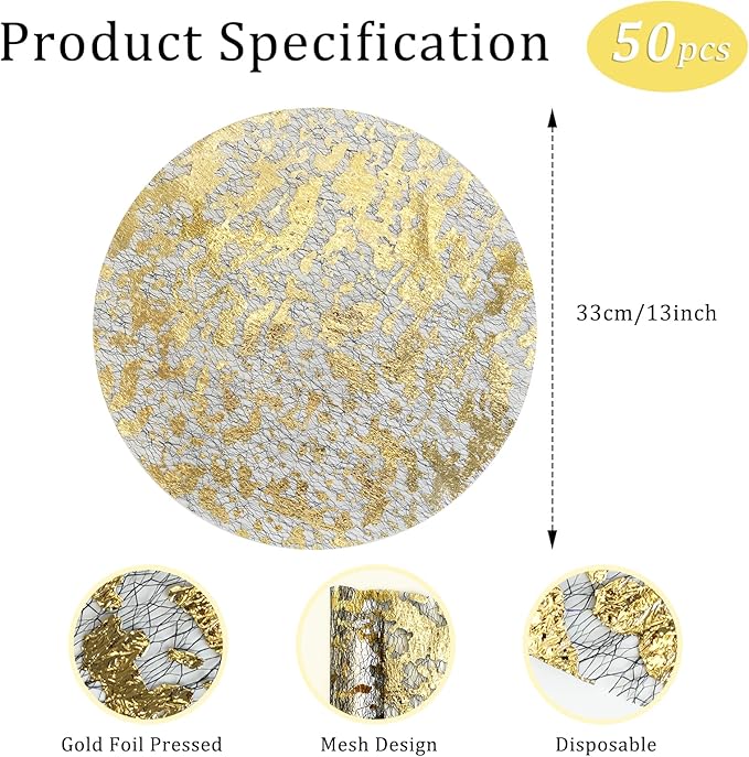 Hysenm 50 Pcs Disposable Gold Placemats Set Metallic 13 Inch Round Foil Mesh Pressed Table Doilies, Ultra-Thin Disposable Placement Mats for Home Decoration Dining Table Wedding Birthday Party