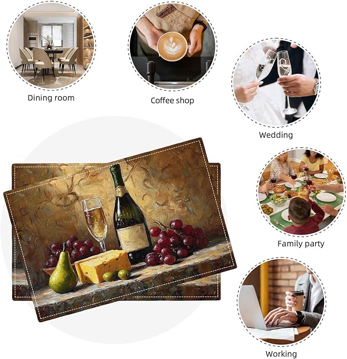 Wine Glass Placemats Set of 6, Rustic Country Winery Place Mats, Farmhouse Grape Dining Table Mats, Washable Placemats for Kitchen Dining Room Home Decor 18L'' × 12W''