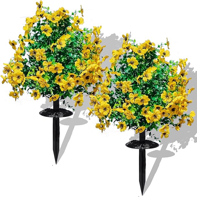 2 Pcs Artificial Boxwood Topiary Ball Trees - 23" With Ground Spike, Fake Evergreen Tree, UV Resistant Faux Greenery Shrubs & Bushes for Porch, Garden, Front Yard Decor, Indoor/Outdoor -Yellow