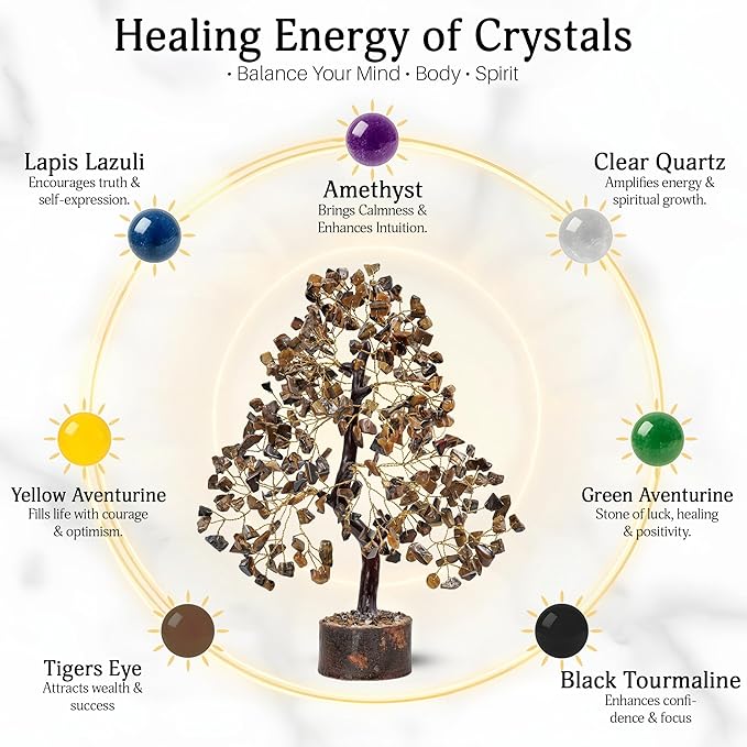 FASHIONZAADI Tiger Eye Crystal Tree, Reiki Gifts - Gemstone Tree - Spiritual Crystal Chakra Decor - Gifts for Women
