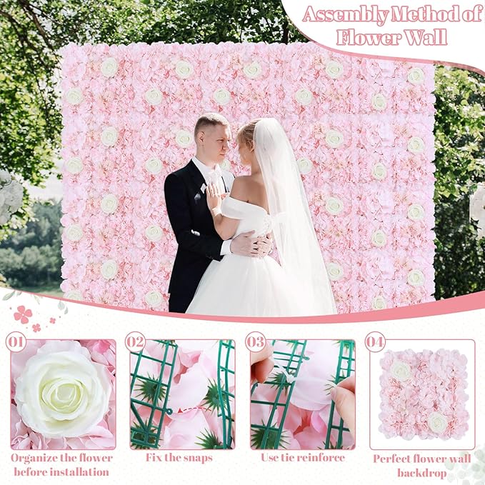 FOTSHARER Pink Flower Wall Backdrop 12 Pack 3D Flower Wall Panel 15'' x 15'' Silk Rose Floral Walls Artificial Flower Panels for Backdrop Floral Wedding Background for Bridal Shower Party Events