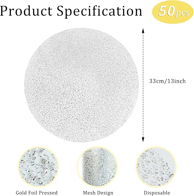 Hysenm 50 Pcs Disposable Silver Placemats Set Metallic 13 Inch Round Foil Mesh Pressed Table Doilies, Ultra-Thin Disposable Placement Mats for Home Decoration Dining Table Wedding Birthday Party