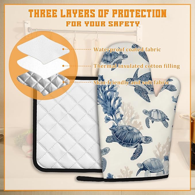 Turtle Coral Oven Mitts and Pot Holders Set,Kitchen Oven Gloves and Pot Holder with Heat Resistant Non Slip for Cooking Baking Grilling(4 Piece Set)