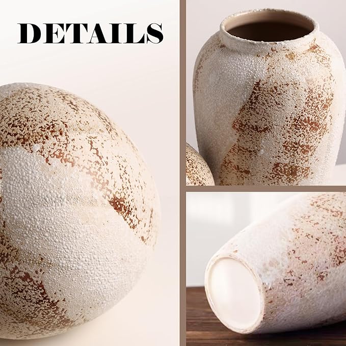Vintage Ceramic Vase, Minimalist Texture Stone Patterned White Flower Vase, Decorative Vase for Living Room Shelf Farmhouse Dining Table Centerpiece Decor (Rustic 11.8'')