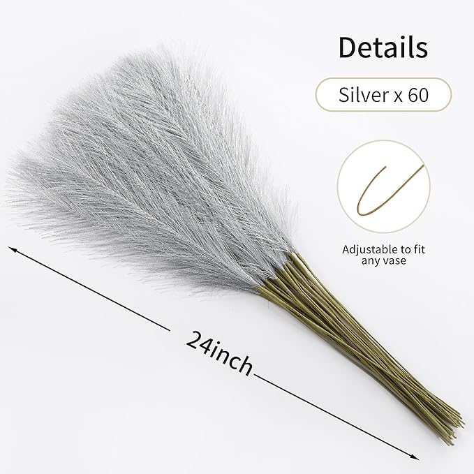 Faux Silver Pampas Grass - 60pcs 24 Inch Short Artificial Pampas Grass Decor, Fake Pompas Floral for Vase Filler, Wedding Flower Arrangement, Party and Home Decor (Silver, 60 Pieces)