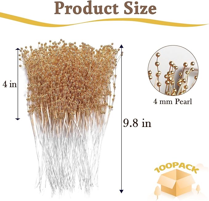 XINHUIDALSQ 100Pcs Pearl Bouquet Party Decoration Pearl String Beaded Garland – 4mm Beads Garlands for Christmas Decoration Wedding Party Decoration, Christmas Floral Picks(Gold)
