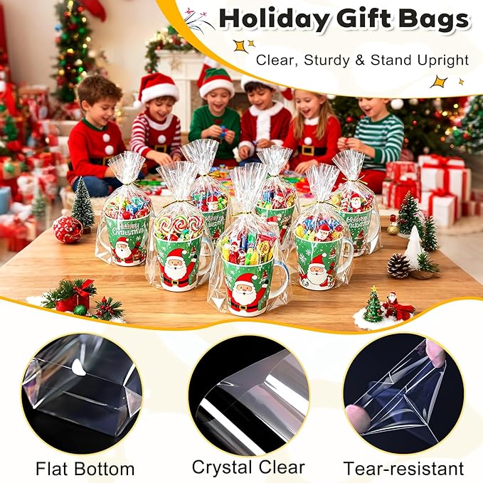 PigPotParty Cellophane Bags 8"x11", 50 Pack Clear Gift Bags, 3.15" Bottom Gusset for Stand-Up Display, Plastic Cellophane Gift Wrap, Ideal for Goodies, Treats, Party Favors, Mugs, Includes 50 Ties