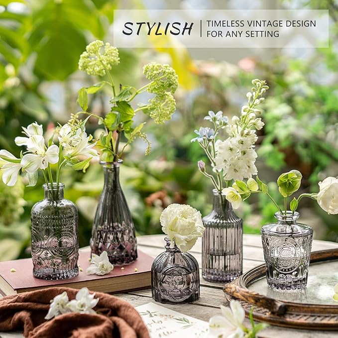 Glass Bud Vase Set of 5, Small Flower Vase for Centerpieces, Black Bud Vases in Bulk, Mini Vintage Vase for Rustic Wedding Decorations