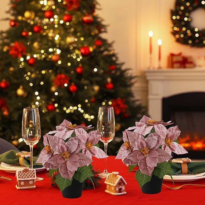 Poinsettias Flowers Artificial 2 Pack Pink Faux Christmas Poinsettia Plant Small 11 Inch Winter Flowers for Home Office Table Decorations Indoor Xmas Ornament