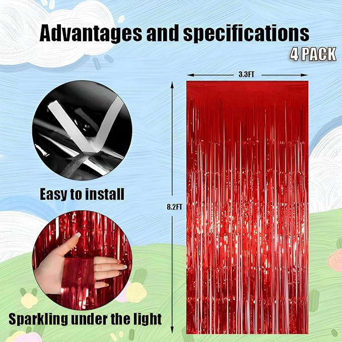 Keyali 4 Pack 3.3 * 8.3 ft Foil Curtain Metallic Tinsel Fringe Curtains Photo Booth Props Backdrop for Birthday Wedding Engagement Baby Shower Christmas Holiday Celebration Partyl,Red