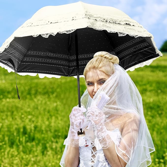 Princess Lace Parasol Folding Gothic Lolita Umbrella Lace Parasol Gloves Fan Set Flower Printed Lining for Cute UV Sun Protection Umbrella for Christmas Wedding Cosplay Photoshoot Decoration