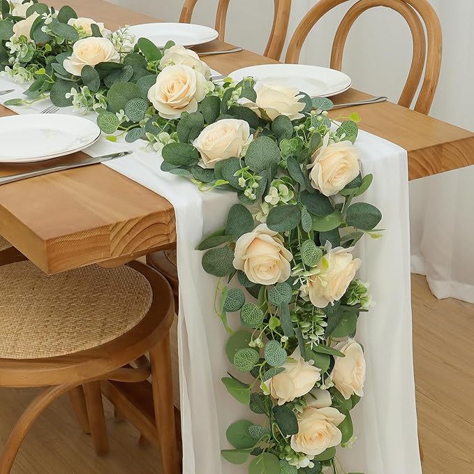 TOCHGREEN 4Pcs(26 Ft) Artificial Eucalyptus Flower Garland with Champagne Rose Flowers,Faux Rose Vine Gypsophila,Floral Greenery for Party Wedding Table Decor (Champagne, 4PCS)