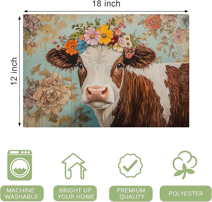 Farmhouse Cow Placemats Set of 4 Washable Table Mats Spring Cow Floral Heat-Resistant Cotton Linen Place Mats for Dining Table Kitchen Indoor Outdoor Party Holiday Decor