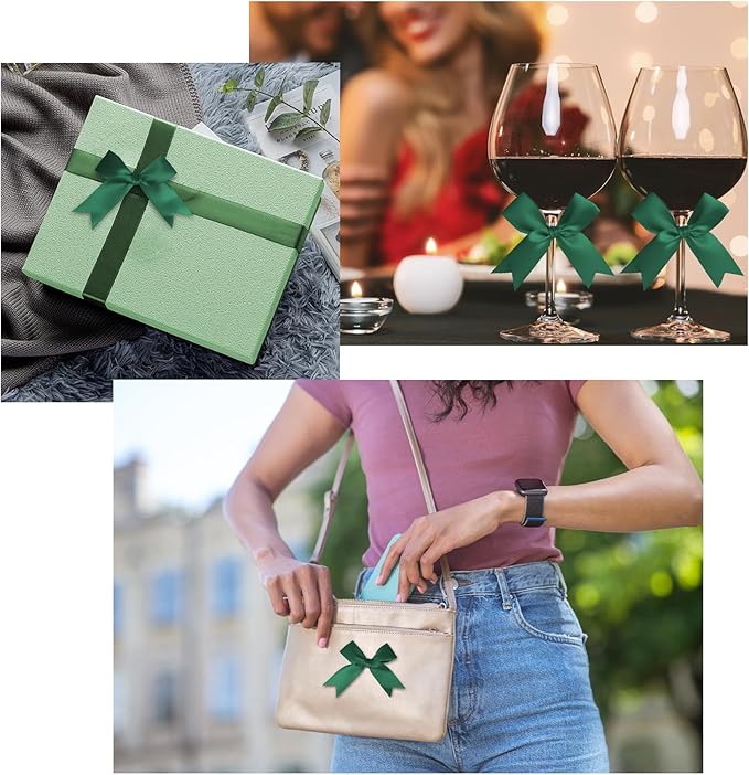 50 Counts Green Hunter Twist Tie Bows 3.1" Pre-Tied Satin Ribbon Bow Decor Mini Twist Tie Bows for Gift Wrapping Treat Bags Cake Bridal Baby Shower Birthday Party Favors Wedding Decorations