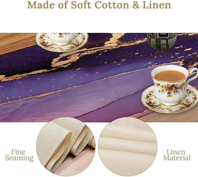 Purple Marble Table Runner Natural Abstract Luxury Ink Texture Gold Veins Red Printing Seasonal Dinner Runner Table Decoration for Farmhouse Home Kitchen Dining Holiday Party 13x108in