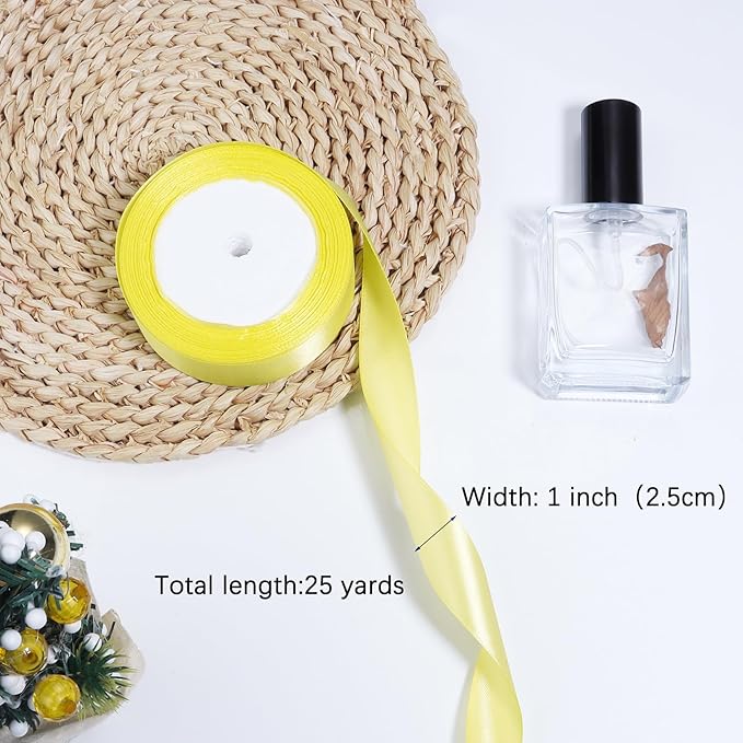 Yellow Ribbon for Gift Wrapping, 1 inch Polyester Satin Hair Ribbons for Flower Bouquet, Weeding Decoration, Baby Shower, Crafts Bows Fabric Christmas Ribbon 25 Yards