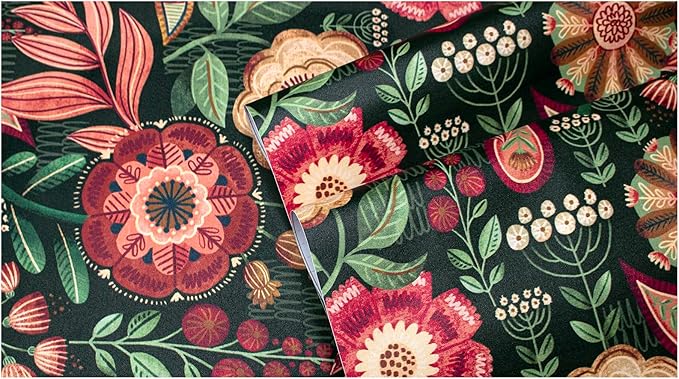 HAOKHOME Peel and Stick Wallpaper Boho Vintage Dark Floral Wall Paper Cottagecore for Bedroom Bathroom Accent Wall Green/Red/Cream 17.3in x 9.8ft
