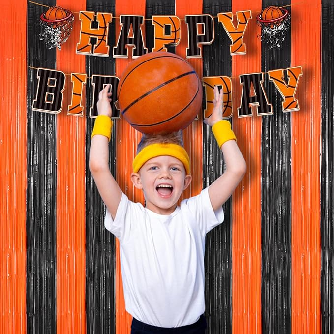 BRAVESHINE Tinsel Photo Backdrop Curtains - 2 Pack 3.2x8.2ft Black Orange Foil Fringe Streamer Curtain for Birthdays/Sports/Basketball/Pumpkins/Home/Office/Indoor/Outdoor Party Decorations