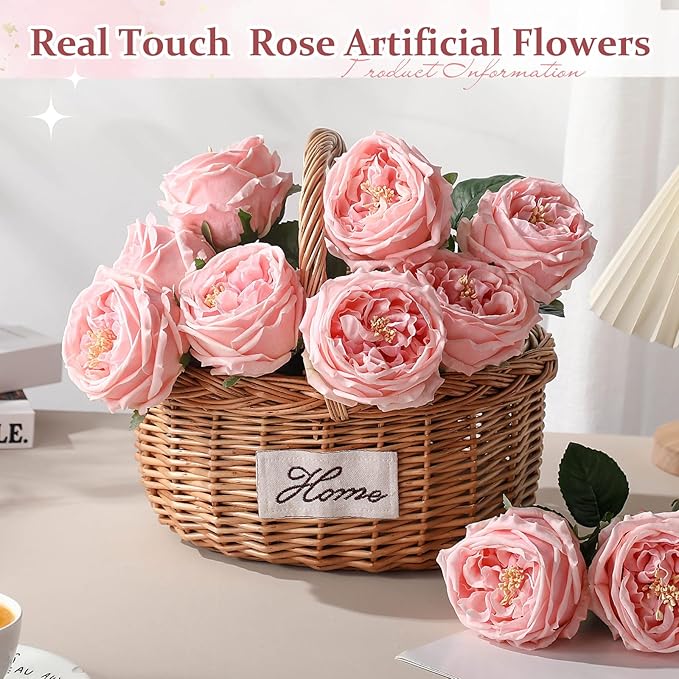 10pcs Real Touch Peonies Artificial Flowers, Faux Austin Rose with Long Stem Look Real Fake Flower for Christmas Valentines Arrangement Wedding Party Home Kitchen Decor(Pink)