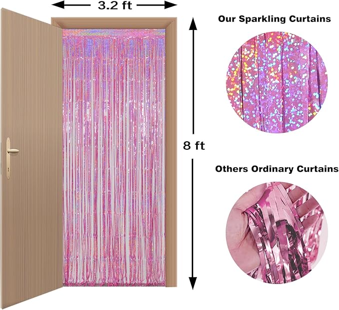 Melsan 3 Pack 3.2 x 8.2 ft Foil Fringe Curtains - Pink Tinsel Curtain Girl Birthday Decorations Photo Backdrop for Party Decoration Engagement or Bachelorette Party Supplies