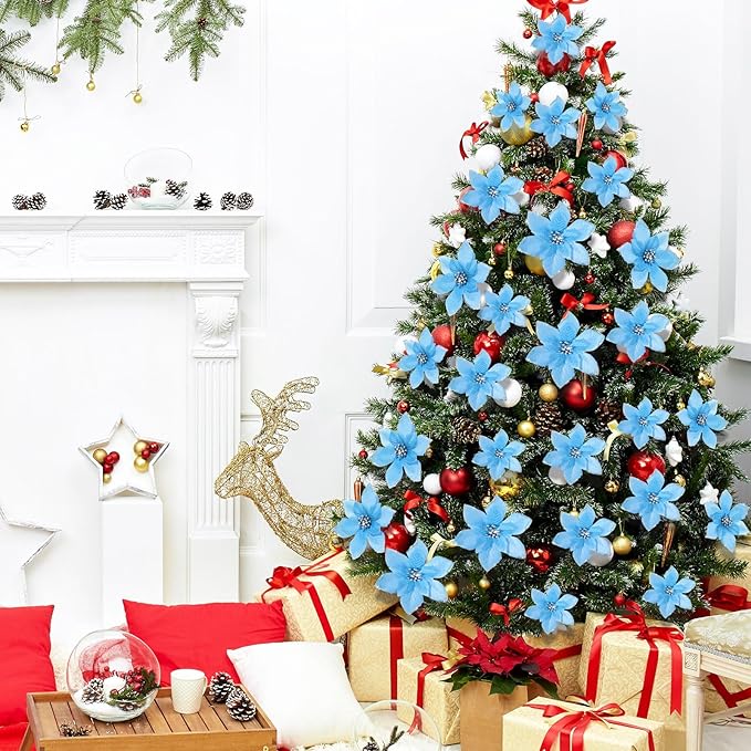 WILLBOND 24 Pcs 3 Size Poinsettia Flower Artificial Christmas Decor Glitter Poinsettia Christmas Ornaments Faux Flowers for Xmas Tree Outdoor(4/6/7.9 Inches,Lake Blue)