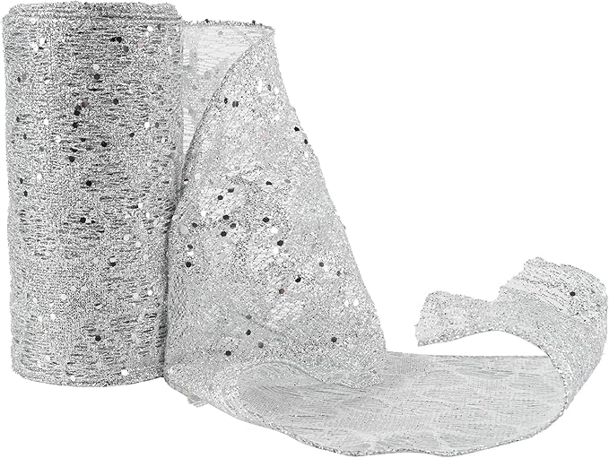 MEEDEE 6 Inch Wide Wired Ribbon Silver Glitter Mesh Web Wired Edge Ribbon by 10 Yards Roll Silver Wired Mesh Ribbons for Christmas Tree, Garland, Holiday Wreaths, Bows, Centerpiece, Gift Wrapping