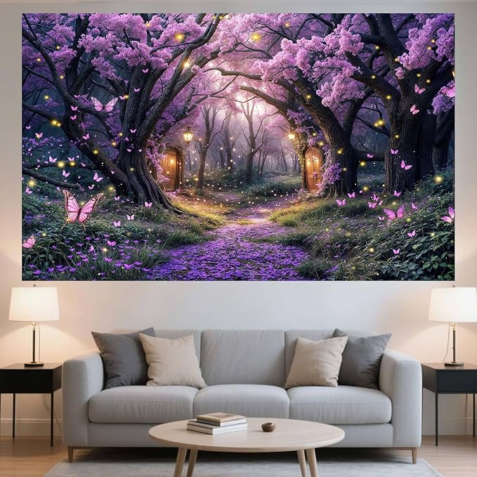 5X3ft Enchanted Forest Backdrop Fairy Tale Purple Wonderland Garden Tree House Floral Butterfly Photography Background for Kids Girl Baby Shower Birthday Party Decoration Banner Booth Props