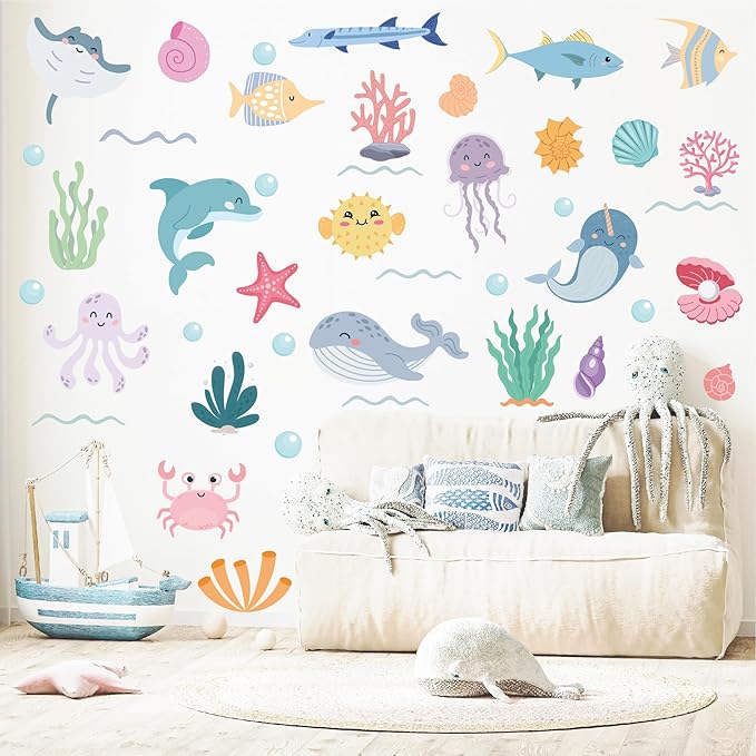 AOWDIAO 58 Pcs Ocean Animals Wall Decals - Peel and Stick Under The Sea Kids’ Room & Nursery Decor