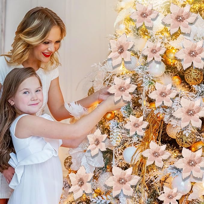 WILLBOND 24 Pcs 3 Size Poinsettia Flower Artificial Christmas Decor Glitter Poinsettia Christmas Ornaments Faux Flowers for Xmas Tree Outdoor(4/6/7.9 Inches,Rose Gold)
