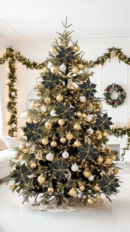 DILATATA 3 Pcs Artificial Christmas Flowers 11 Inch Glitter Poinsettia Picks Christmas Tree Ornaments Topper Decorations Black Poinsettias Flowers for Xmas New Year Wreath Garland Wedding Party Decor