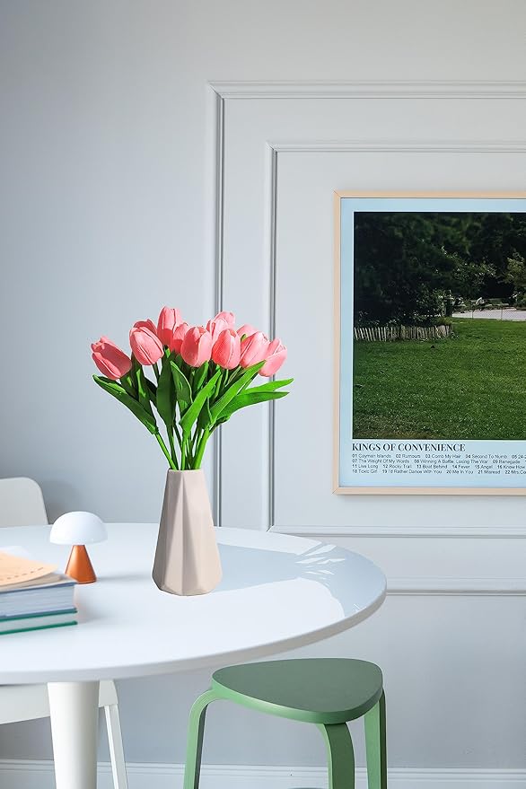 SITUMEIZI 15pcs Fake Tulips Artificial Flowers Real Touch Pink 14" Silk Flower for Home Kitchen Decor Spring Easter Wedding Bouquet Decorations Office Valentine's Day Gifts(Rose Red)