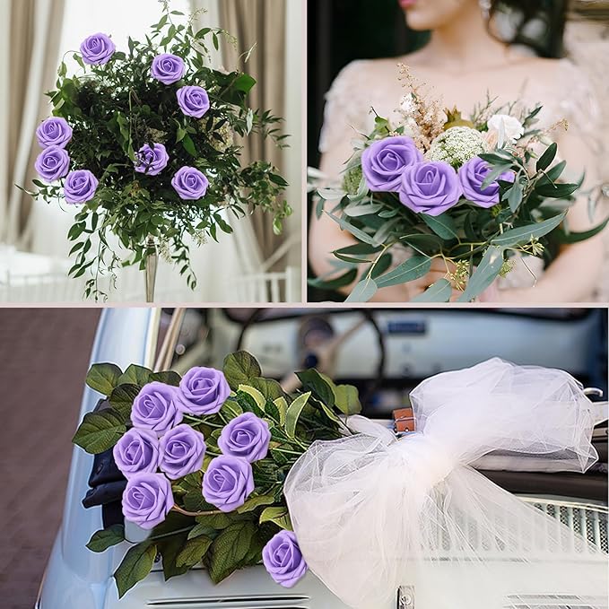 200PCS Purple Artificial Flowers Roses Real Looking Foam Fake Roses with Leaves for DIY Wedding Bouquets Bridal Shower Party Decorations (Purple, 200)