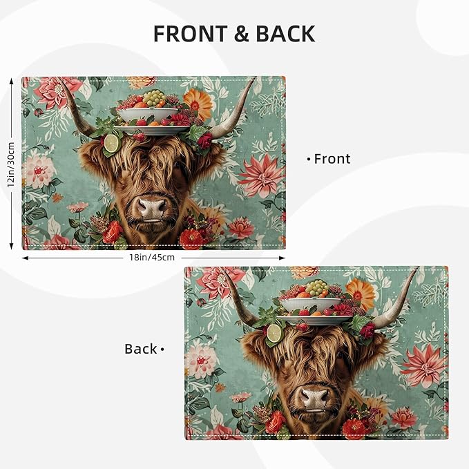 Highland Cow Placemats Set of 4 Farmhouse Flower Cattle Fruits Placemats Funny Animal Table Mats Wildlife Farmhouse Cow Place Mats for Party Kitchen Dining Decoration 4 PCS