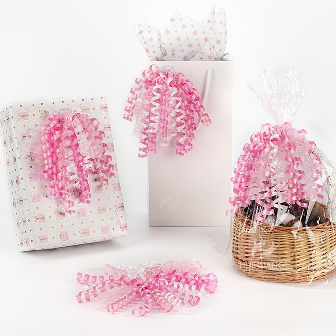 HUIHUANG Bows for Gift Wrapping Pink/White/Hot Pink Curly Bows with Self Adhesive & Twist Tie, 7 inch Pink Gift Bow for Presents, Gift Basket, Baby Shower, Christmas Decor, Party Favors- 6 Counts