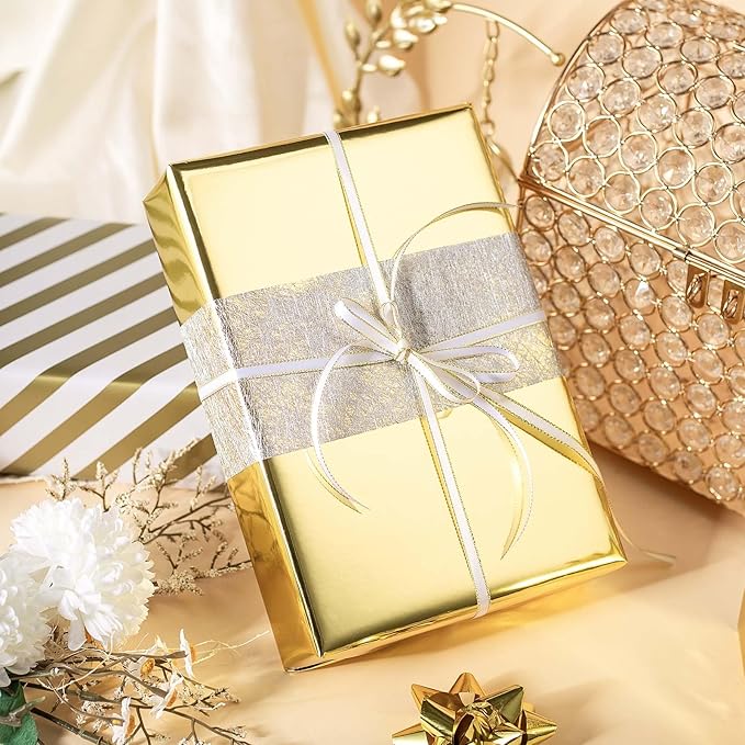 Merture Reversible Gold Wrapping Paper Roll - 17 In X 32.8 Ft(46.5 sq.ft.) Metallic Gold and Stripe Design Gift Wrap for Christmas, Wedding, Birthday, Valentines Day, Mothers Day, Baby Shower